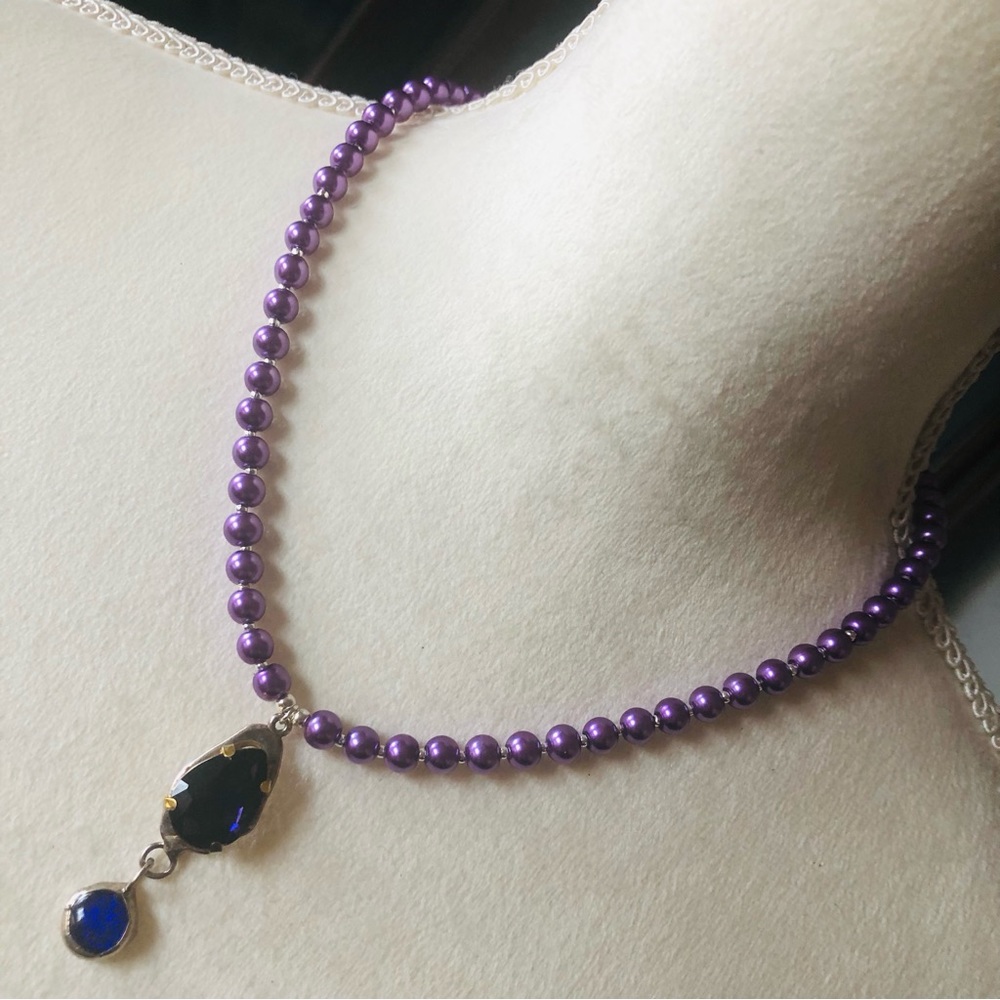 Handcrafted repurpose faceted stone pendant Czech glass Pearl necklace